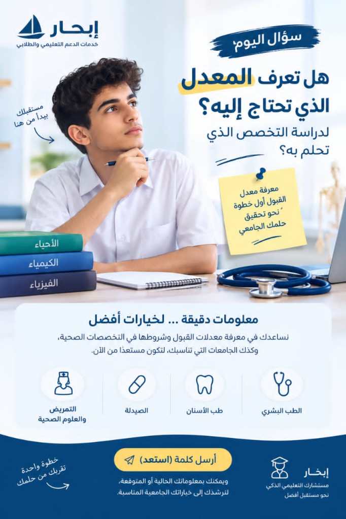 🎓 تحلم بتخصص معيّن؟ هل تعرف المعدل الذي تحتاج إليه لتحقيق حلمك؟ 🚀تخيّل نفسك بعد سنوات وأنت تعمل في المجال الذي تحبه، وتفتخر بالخطوة التي بدأت بها اليوم! 🎯